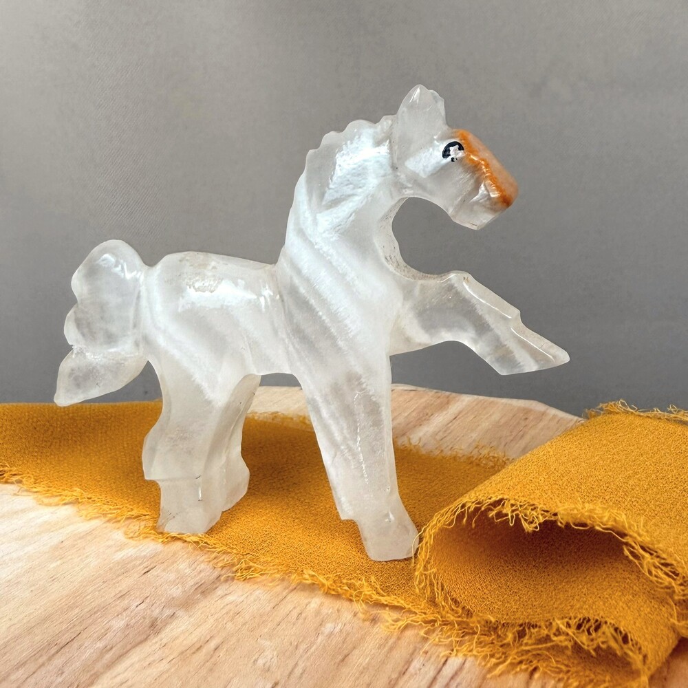 Vintage White Banded Onyx Horse Hand Carved Figurine Orange Painted Muzzle 2.25"